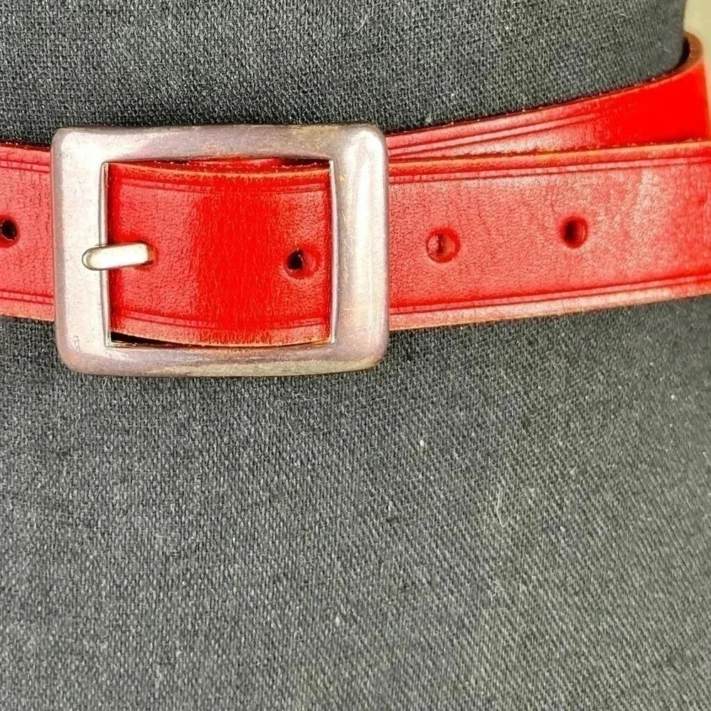 Liz Claiborne Vintage Red Leather Belt with Solid Brass Silver Brushed Buckle